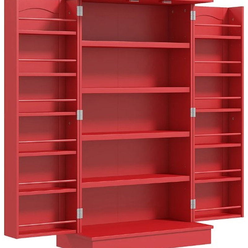 Rangement de cuisine en rouge, portes doubles, tablettes à 5 niveaux, 12 épices, étagères réglables, Red