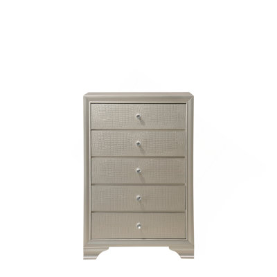 1Pc Modern Glam Style Champagne Finish Glam Five Drawer Chest Embossed Crocodile Pattern Wooden Bedroom Furniture