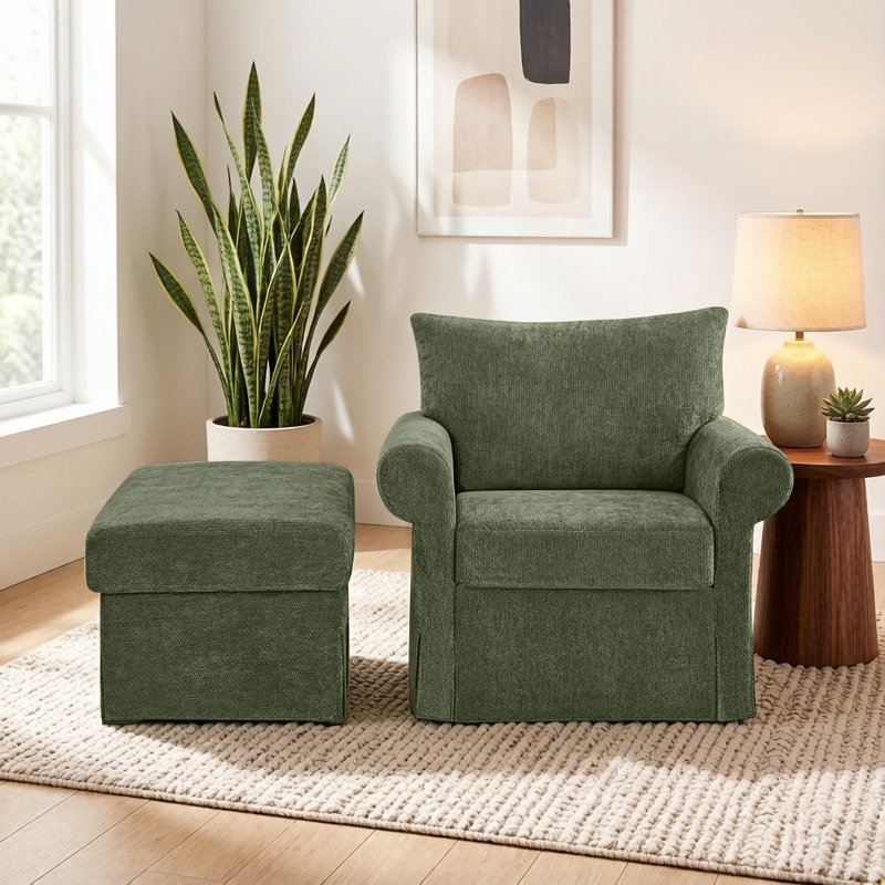 Fauteuil d'appoint à accoudoirs roulés l 37 po avec repose-pieds, Green