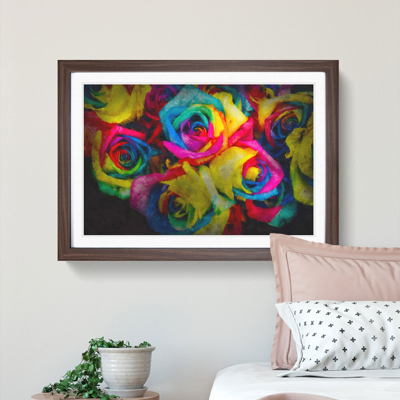 Multi-Coloured Rainbow Roses - Picture Frame Graphic Art Print, 24cm H x 33cm W x 2cm D, Walnut Framed
