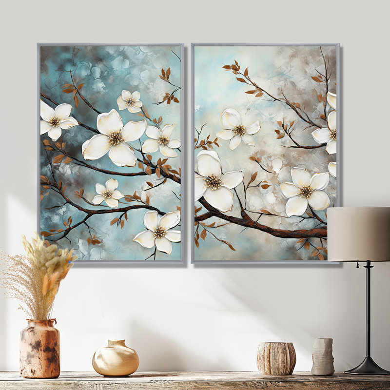 Dogwood Beauties - Art mural traditionnel, Impression encadrée flottante, Silver, 36" H x 48" W