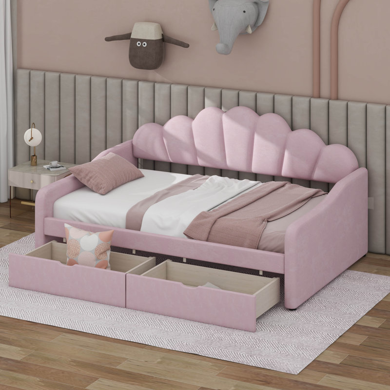 Full Size Upholstered Daybed With 2 Drawers, Wood Daybed With Shall Shaped Backrest, Pink