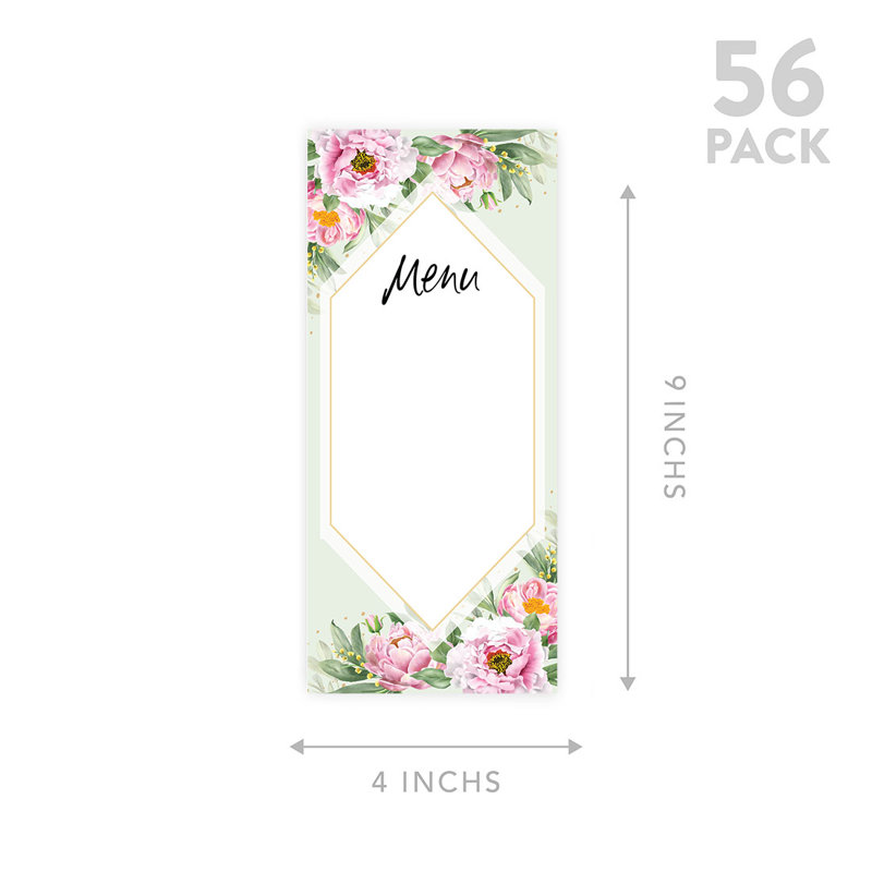 Cartes de menu de mariage imprimables de pivoines classiques pour imprimante de bricolage, paquet de 52