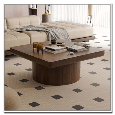 34.6'' Square Coffee Table For Living Room, Modern Wood Veneer Top With Parquet Pattern & Cylindrical Base, Thickened Tabletop, Easy Assembly