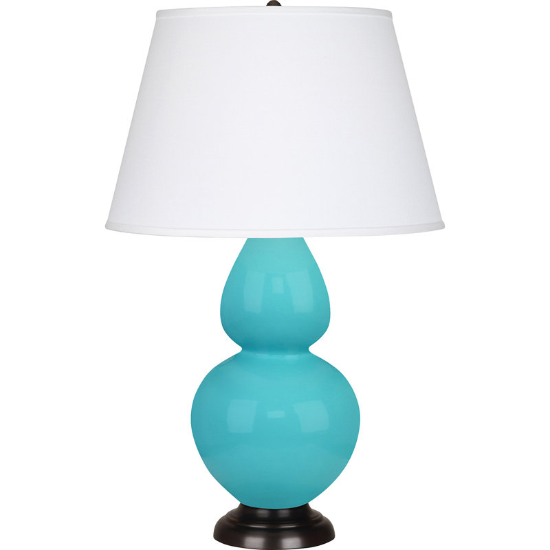 Lampe de table double gourde en céramique, Bleu œuf émaillé / bronze, Perle, Bronze