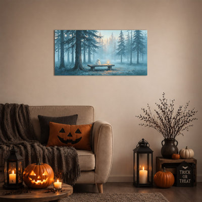 Art d'Halloween, art mural fantôme dans une forêt de pins brumeux, décor d'Halloween rétro