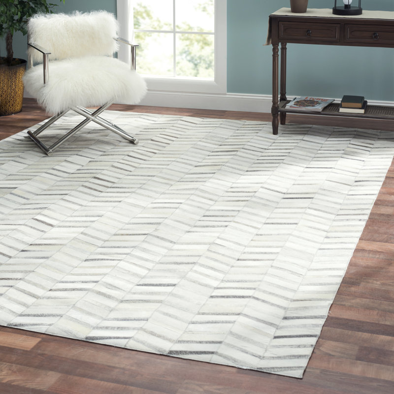 Tapis blanc / gris / noir en cuir de vache fait à la main, Rectangle 12 pi x 15 pi