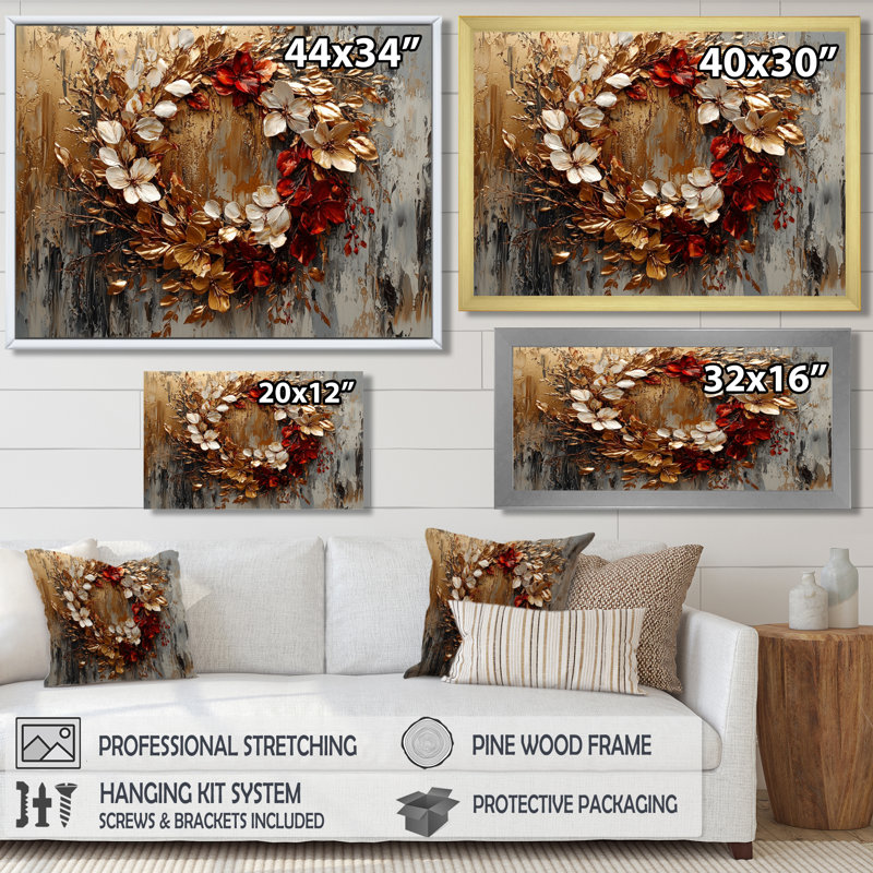 Ilionora Golden Vivid Wreath Spiral Of Petals - Couronne d'art mural, Impression encadrée flottante, H 24 po x l 32 po, Doré