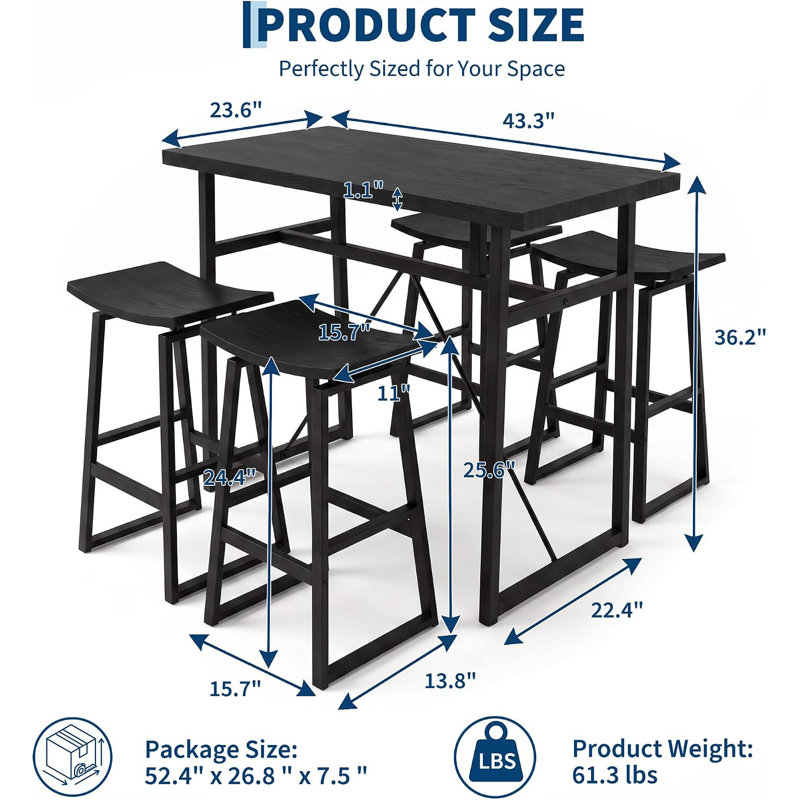 Industrial Dining Table Set, with 4 Stools, Black