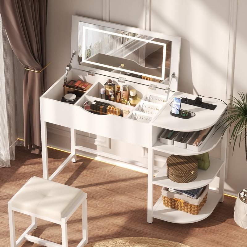Makeup Vanity Desk With Drawers Vanity, Flip Top Mirror And Lights, White
