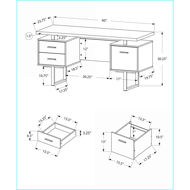 Bureaux, bureau d'ordinateur moderne de 60 po avec tiroirs de rangement, réversible gauche / droite, stratifié blanc et métal noir | Blanc | Panneau de particules