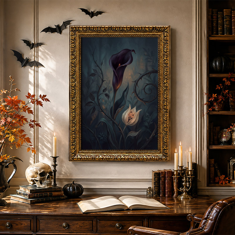 " Dark Purple Calla Lily And Thorny Vines In Moody Halloween " Painting Print, H 30 po x l 20 po