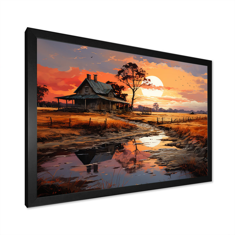 Barns Sunrise Country Charm sur toile, H 34 po x l 44 po x P 1,5 po, Cadre photo noir