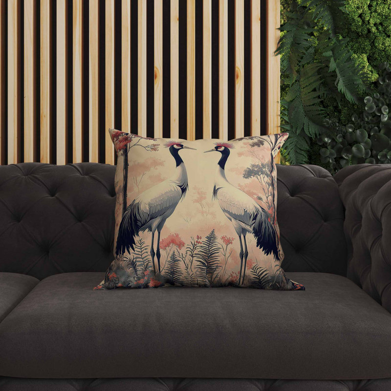 Coussin intérieur / extérieur Autumnal Cranes, Carré 16 po, Rose / crème / gris