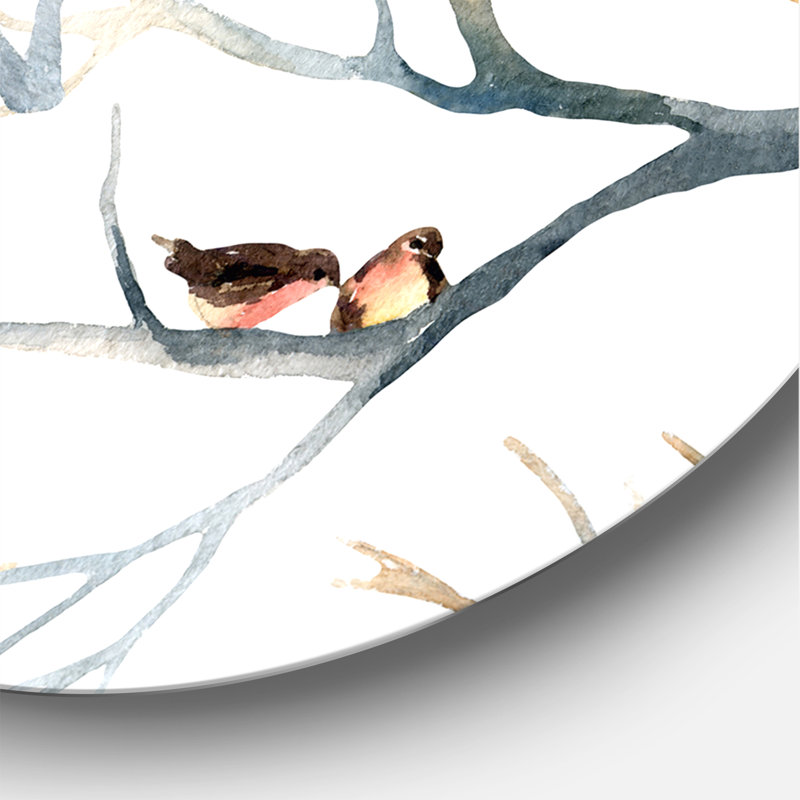 Petits oiseaux sur les branches d'arbre I - Art mural traditionnel en cercle en métal, H 11 po x l 11 po x p 1 po