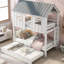 Twin Size House - Style Bunk Bed With Trundle, Roof And Windows, White + Grey, Easy Assembly For Bedroom Decor Home