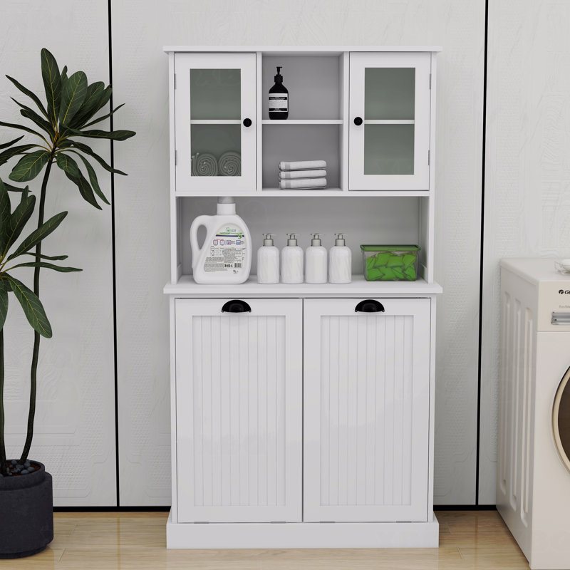 Two-Compartment Tilt-Out Dirty Laundry Basket Tall Bathroom Cabinet With 2 Adjustable Shelves, White