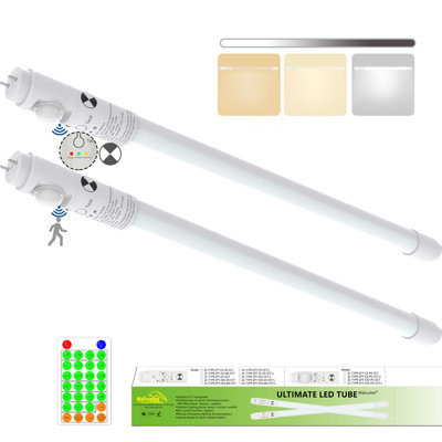 T8 LED Emergency Tube Light 2FT, Battery Backup, Photocell and PIR Motion Sensor, Remote, Dimmable, IP4X, CCT, LED Tube Fixture, 120min Emergency 3W 300LM Output Lighting, Double Ended,Type B, 2-Pack