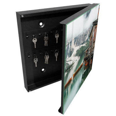 Key storage box, Opens to the left, 30x30x5, Black, A picturesque mountain landscape with a lake, 