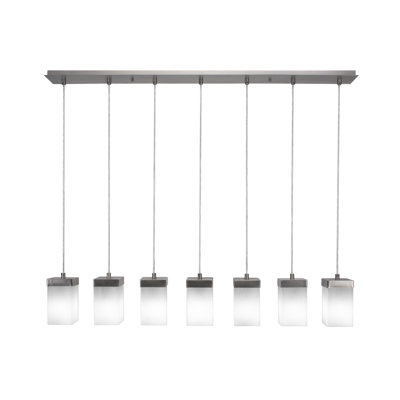 Nouvelle 7 Light Cord Hung Linear Pendalier Shown In Graphite Finish With 4" Square Clear Bubble Glass