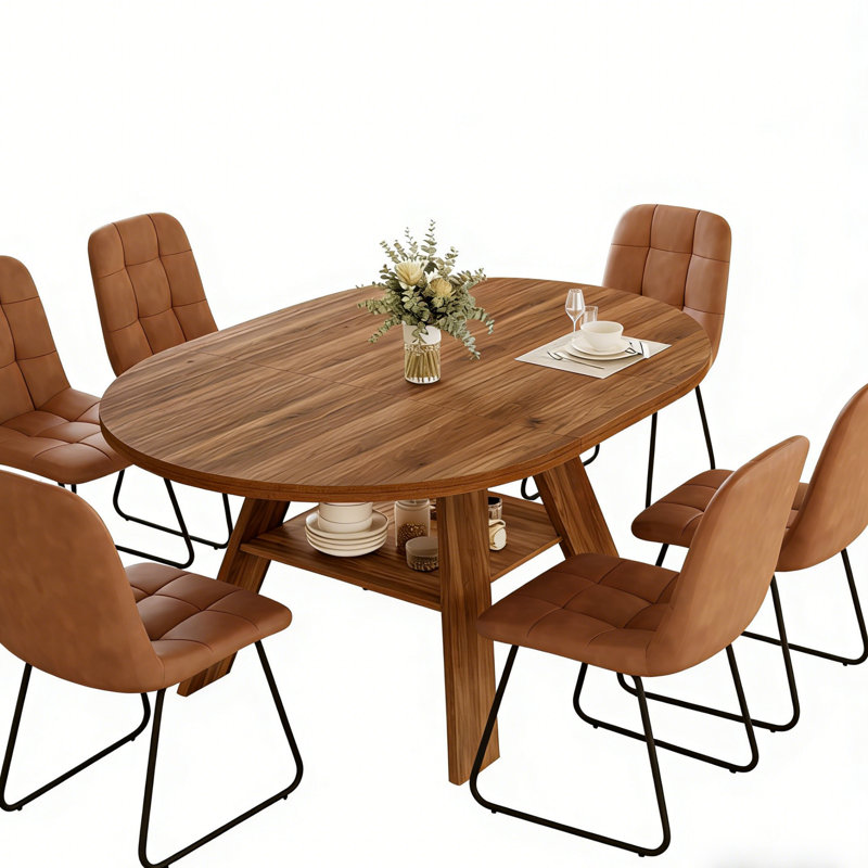 Ensemble de table de salle à manger extensible Clanton de 43,2 po à 59,1 po, table de cuisine ronde Mid-Century en bois, table basse en noyer pour 8 personnes, fauteuil en cuir PU