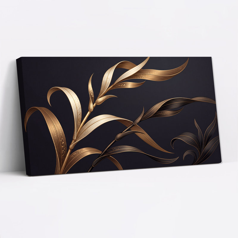 Feuilles métalliques dorées et bronze sur fond sombre, tableau sur toile, L 32 po x H 16 po