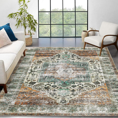2x6 Runner Rug Kitchen Hallway Entryway – Vintage Floral Oriental Design Non-Slip Stain Resistant Low Pile Floor Covering (Blue)