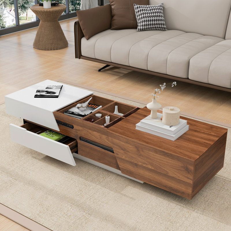 Laferty Extendable Sliding Top Coffee Table with Storage,living room table,Cocktail table, White/Walnut
