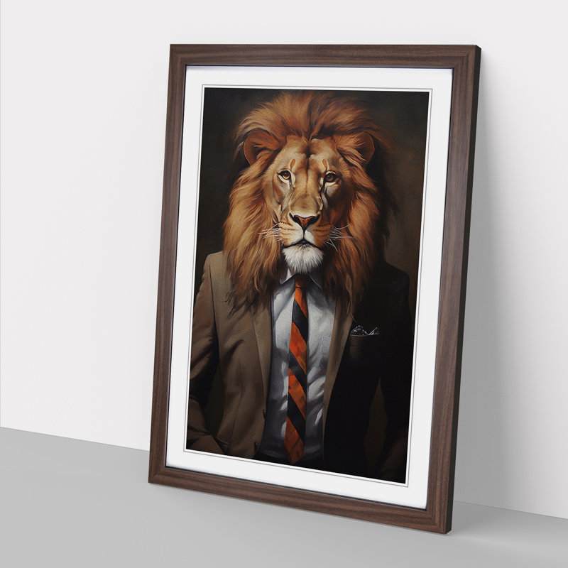 Lion in a Suit Painting No.6 1 Piece Single Picture Frame Wall Art, 46cm H x 34cm W x 2cm D, Walnut Framed