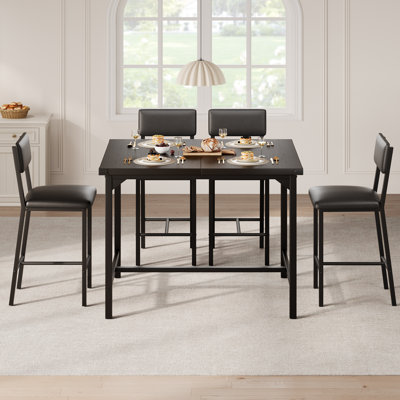 Ensemble de table de salle à manger 5 pièces pour 4 personnes, table de cuisine compacte avec 4 tabourets de bar rembourrés en similicuir, structure en H peu encombrante pour petits appartements et recoins