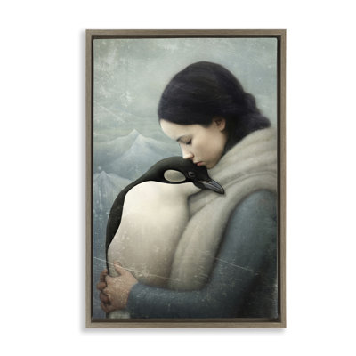 Girl and Her Penguin Framed Floater Canvas by Paula Belle Flores