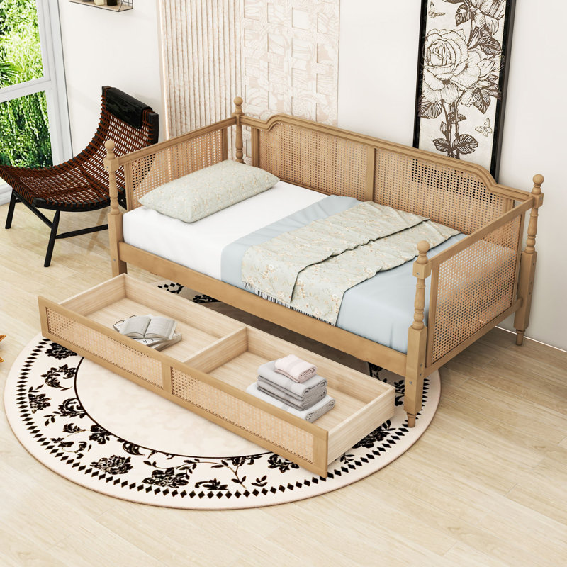 Wooden Daybed with 2 Drawers and Slats, Twin, Antique Walnut