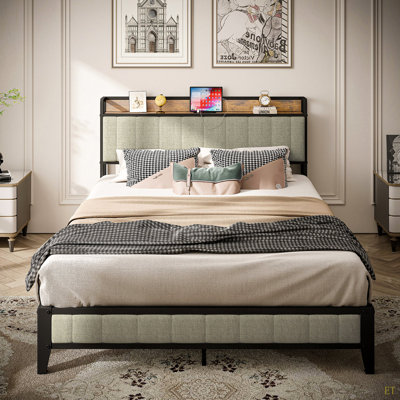 Full Size Bed Frame With Charging Station, Upholstered Headboard, Metal Platform