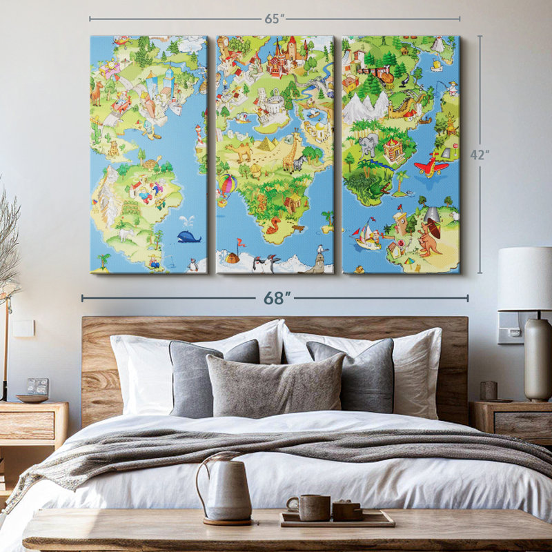 " Cartoon Landmarks World Map ", 42" H x 65" W x 1.25" D