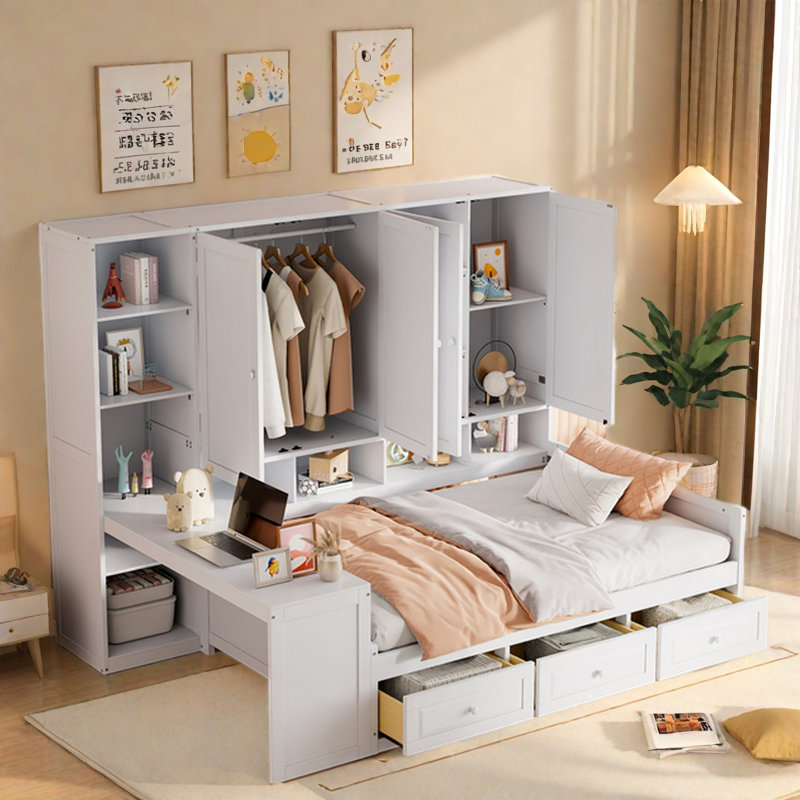Lit de jour à 3 tiroirs avec bureau, armoire de rangement, bibliothèque, armoire, Lit simple, Blanc