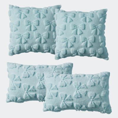 Faux Fur Pillow Covers 4-Pack, Bow Design Square & Lumbar Set 18x18/20x12, Blue