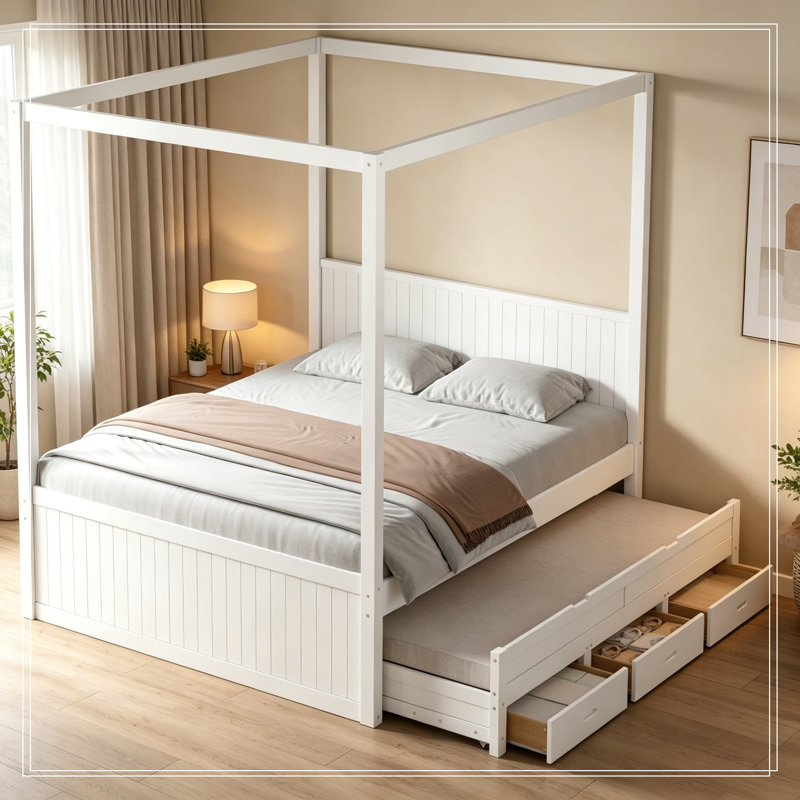 Grand auvent plateforme Impriano avec lit gigogne simple et 3 tiroirs de rangement, White