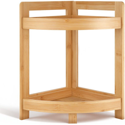 Bamboo Standing Shelf, 2 Tier Corner Shelf Stand, bathroom counter/sink organizer, Triangular Curved Corner Shelf Stand