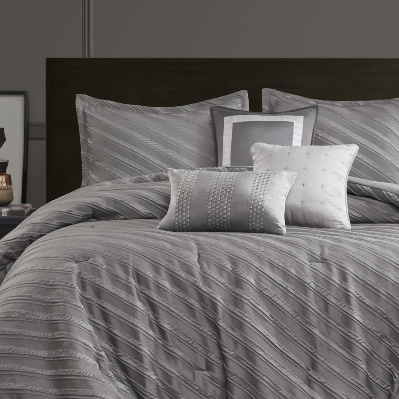 Édredon pour grand lit 7 pièces en gris - motif diagonal, ensemble de literie de luxe, rembourrage toutes saisons, motif élégant moderne standard 100, accessoires assortis, design