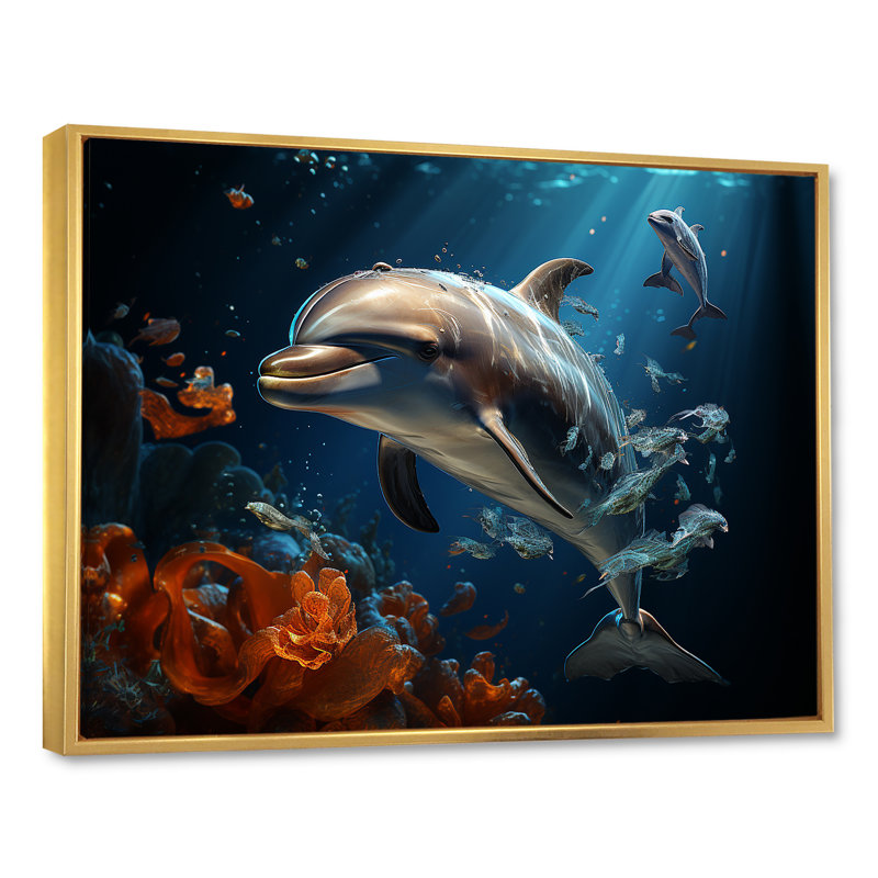 Dauphin éternel dansant II sur toile, H 30 po x l 40 po x P 1,5 po, Cadre flottant doré