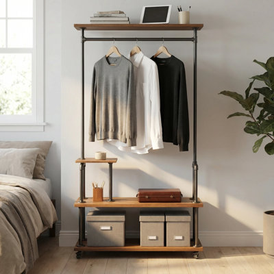 Industrial Wood Pipe Clothing Rack On Wheels, Rolling Wheel Iron Garment Racks With Wood Shelves, Heavy Duty Black Clothing Racks With 4 Shelves Retail Display Garment Rack For Home