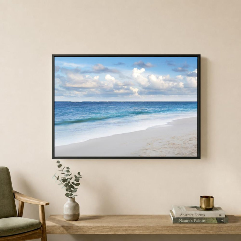 Plage bleue éternelle par Lisa Engelbrecht - Art graphique sur toile, H 18 po x l 24 po, Cadre plat flottant, Noir