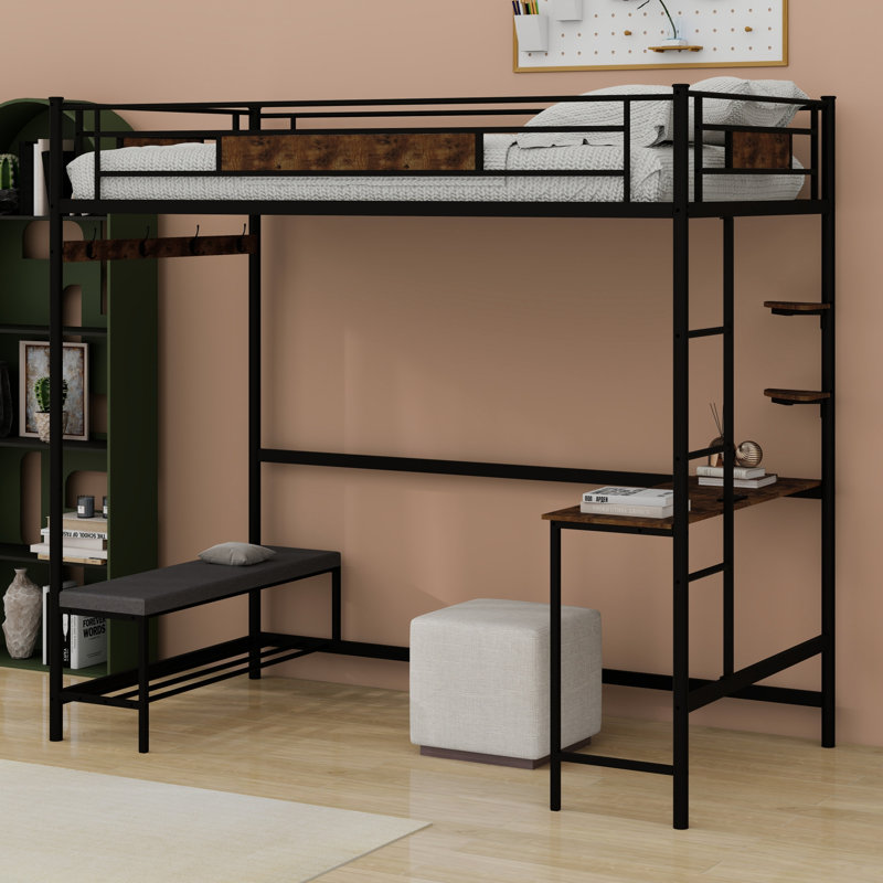 Easy Assembly Loft Bed With Storage And Buckle Fastened Frame Slats