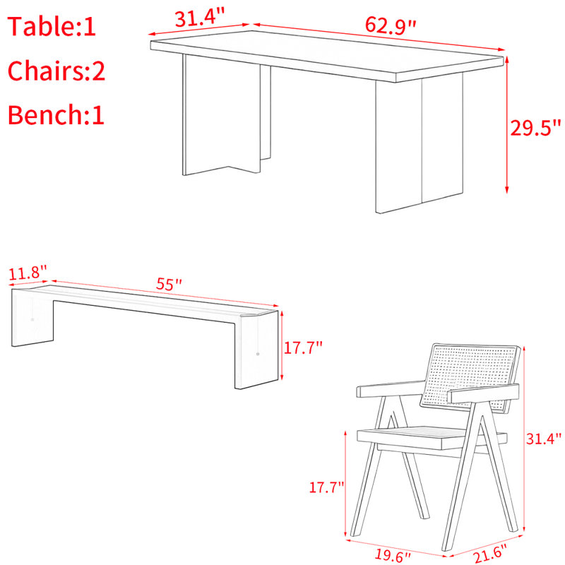Ensemble de table de salle à manger flottante en bois massif et acrylique