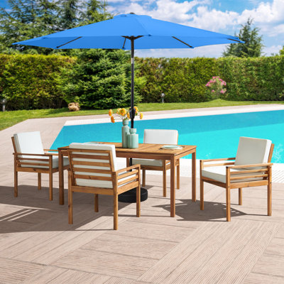 Arjay 4 - Person Acacia Wood Patio Dining Set with Rectangular Table, Cushions and Umbrella Included