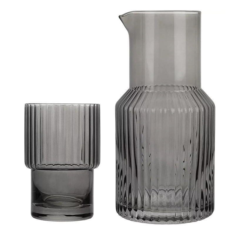 Ensemble de carafe 2 pièces en verre côtelé gris - 33,81 oz