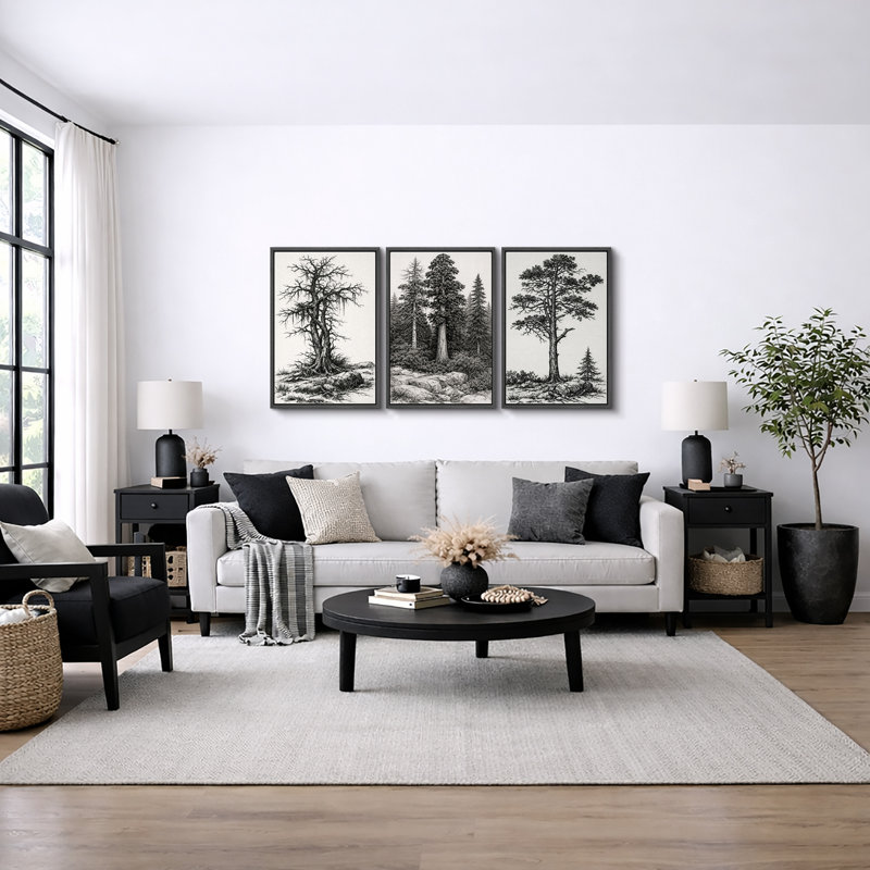 Œuvre d'arbre de forêt rétro, photos de salon rustique, impression sur toile encadrée, 3 pièces, H 36 po x l 72 po x P 1,5 po