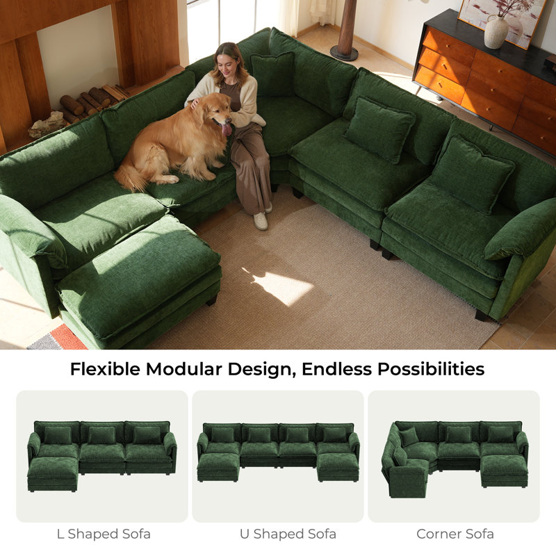 Amabilia L Shaped Upholstered Boneless Corner Modular Sectional Sofa Cloud Couch - Chenille Fabric, Green Chenille