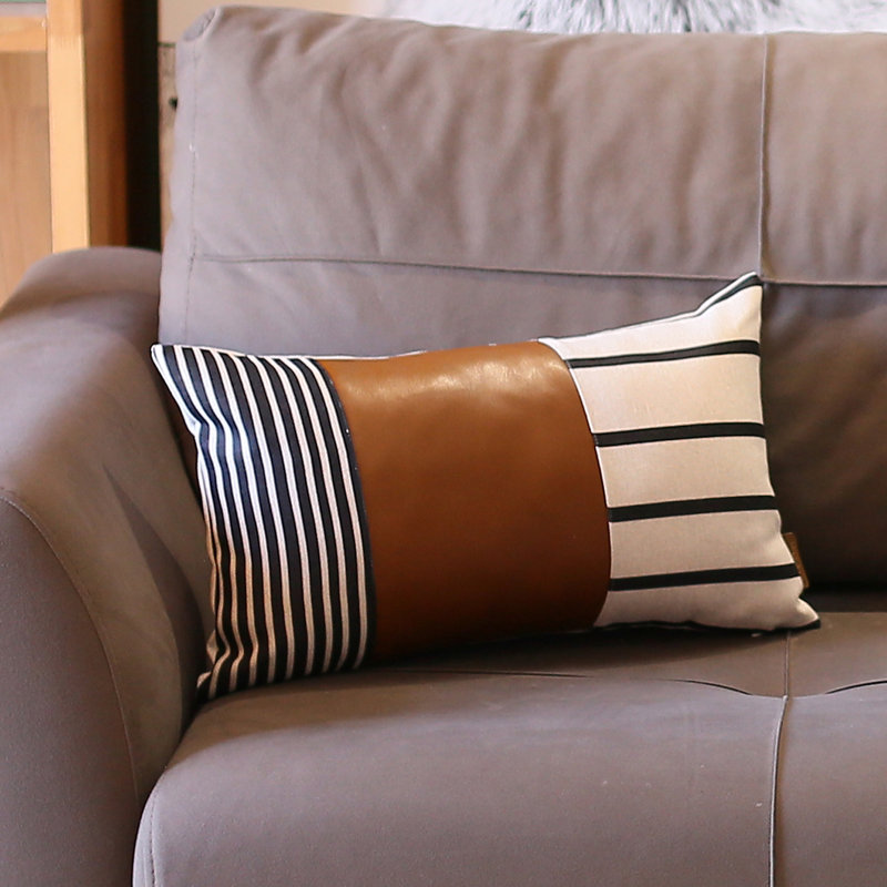 Bohemian Brown and Ivory Faux Leather Lumbar Pillow 12" x 20"