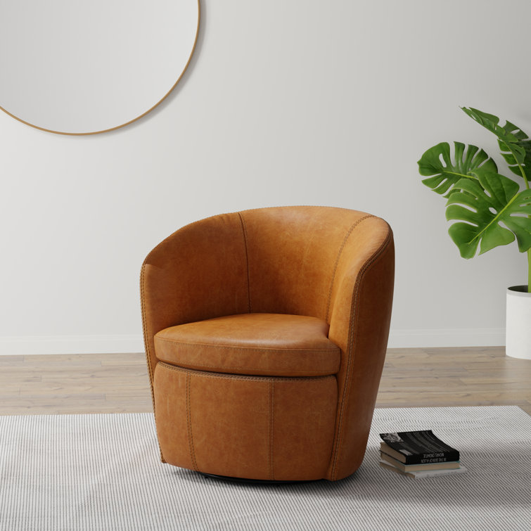 Donals Grain Genuine Leather Swivel Barrel Chair